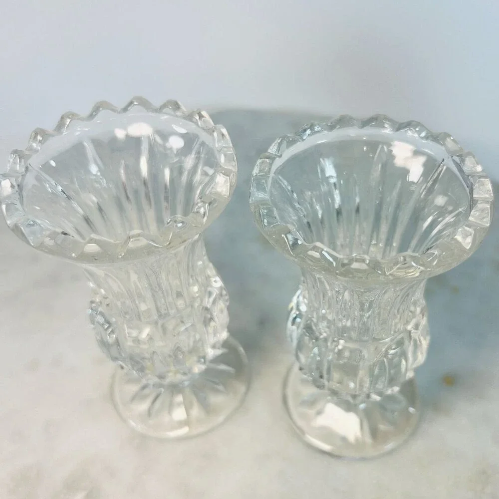 Vtg Clear Crystal Bud Vases Candle Holders Set of 2 Pattern Tealight Votive Gift